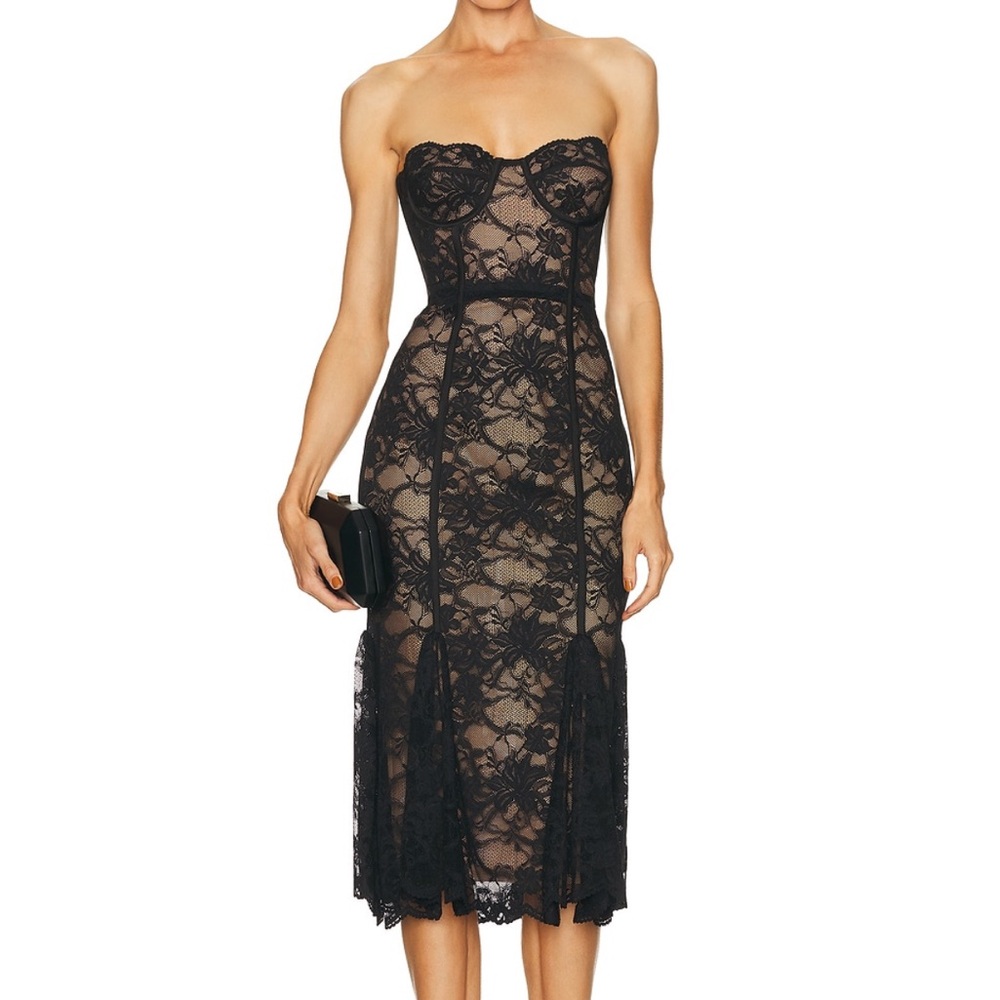 Revolve LOBA Strapless Black Lace Midi Dress